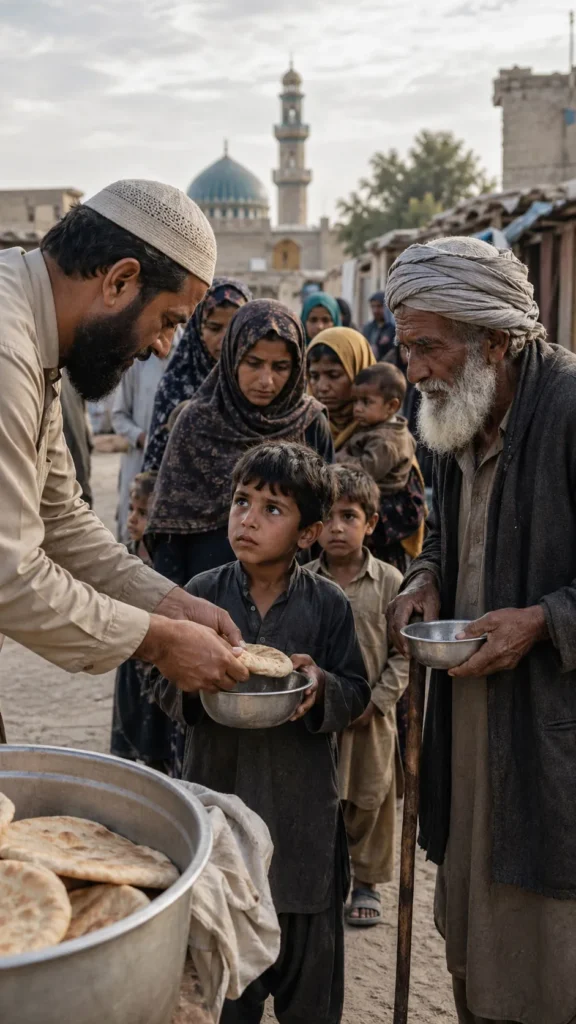 Volunteer distributing bread to hungry children and an elderly man in a poor village in a Muslim-majority community