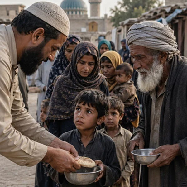 A diverse group of global community volunteers distributing nutritious meals to families at a regional relief station.